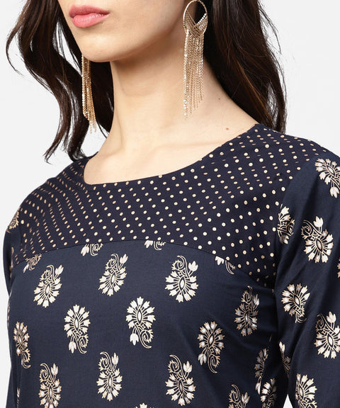 Navy blue 3/4th sleeve cotton kurta with black printed flared skirt