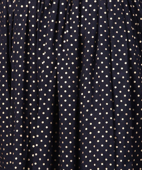 Navy blue 3/4th sleeve cotton kurta with black printed flared skirt