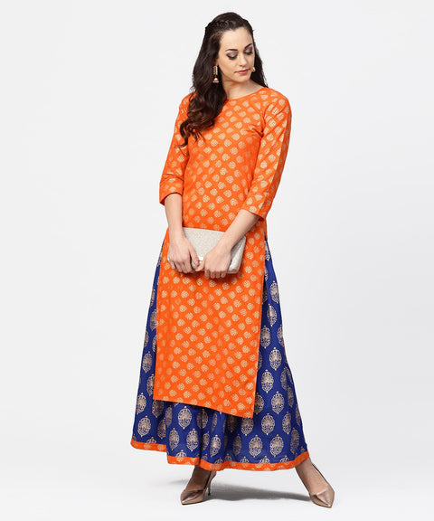 Orange printed 3/4th sleeve cotton kurta with blue printed flared ankle length skirt