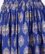 Orange printed 3/4th sleeve cotton kurta with blue printed flared ankle length skirt