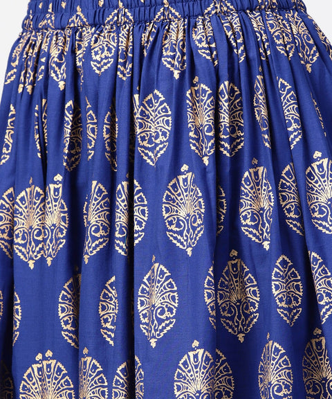 Orange printed 3/4th sleeve cotton kurta with blue printed flared ankle length skirt