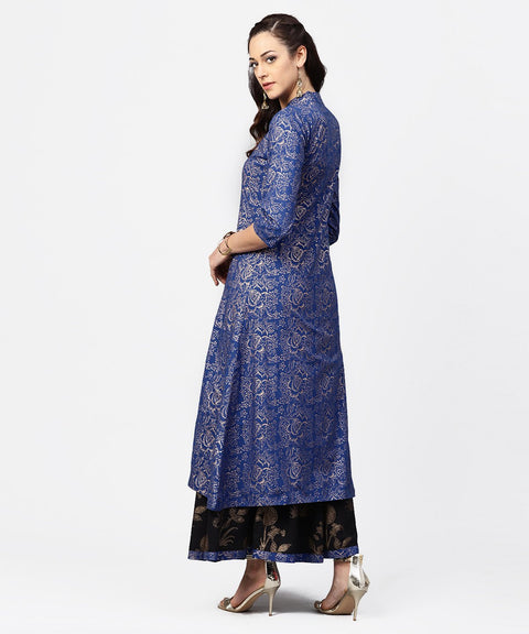 Blue printed 3/4th sleeve A-line kurta with black flared skirt
