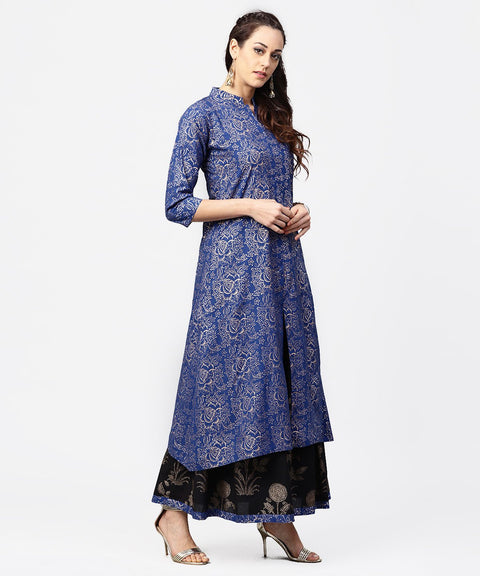 Blue printed 3/4th sleeve A-line kurta with black flared skirt