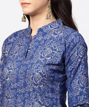 Blue printed 3/4th sleeve A-line kurta with black flared skirt