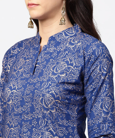 Blue printed 3/4th sleeve A-line kurta with black flared skirt