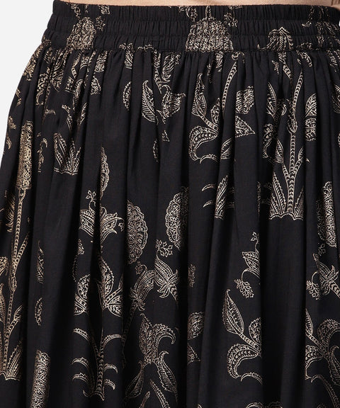 Blue printed 3/4th sleeve A-line kurta with black flared skirt