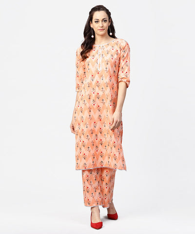 Peach printed 3/4th sleeve cotton kurta with printed ankle length palazzo