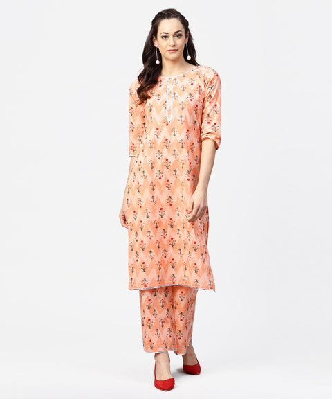 Peach printed 3/4th sleeve cotton kurta with printed ankle length palazzo