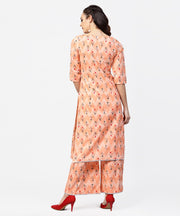 Peach printed 3/4th sleeve cotton kurta with printed ankle length palazzo