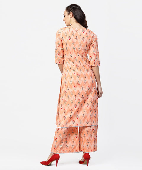 Peach printed 3/4th sleeve cotton kurta with printed ankle length palazzo