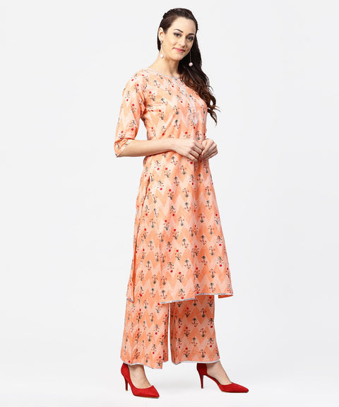 Peach printed 3/4th sleeve cotton kurta with printed ankle length palazzo