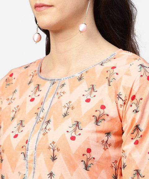 Peach printed 3/4th sleeve cotton kurta with printed ankle length palazzo