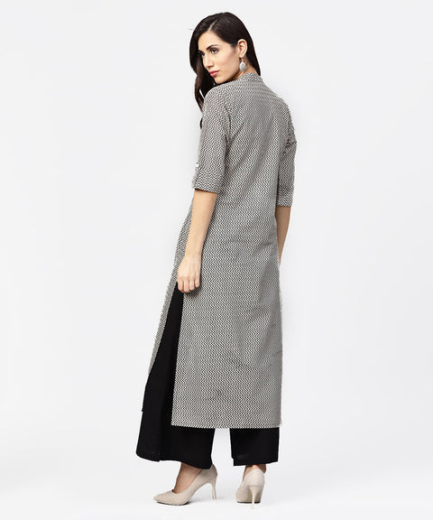 Black zig zag printed 3/4th sleeve cotton kurta with black knee length palazzo