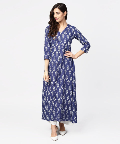 Blue printed 3/4th sleeve cotton maxi dress