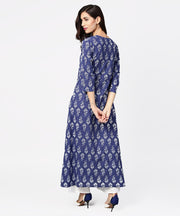 Blue printed 3/4th sleeve cotton maxi dress