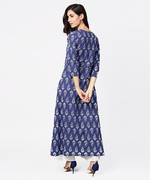 Blue printed 3/4th sleeve cotton maxi dress