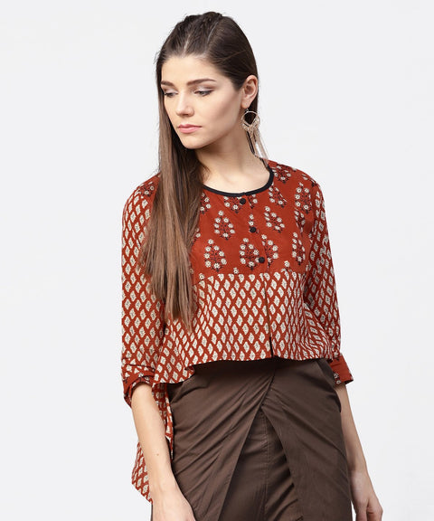 Red printed 3/4th sleeve cotton high low tops