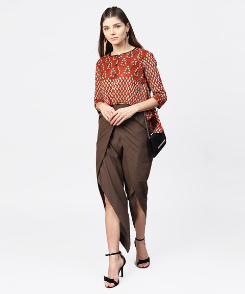 Red printed 3/4th sleeve cotton high low tops