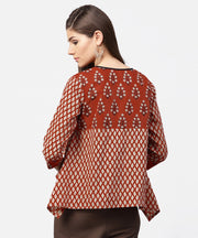 Red printed 3/4th sleeve cotton high low tops