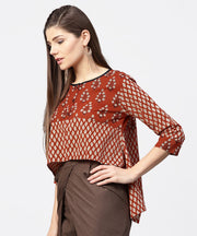 Red printed 3/4th sleeve cotton high low tops