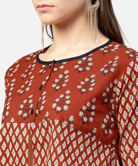 Red printed 3/4th sleeve cotton high low tops