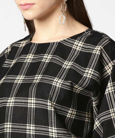 Black check flared sleeve cotton top