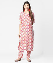 Peach printed half sleeve cotton kurta with ankle length printed pant