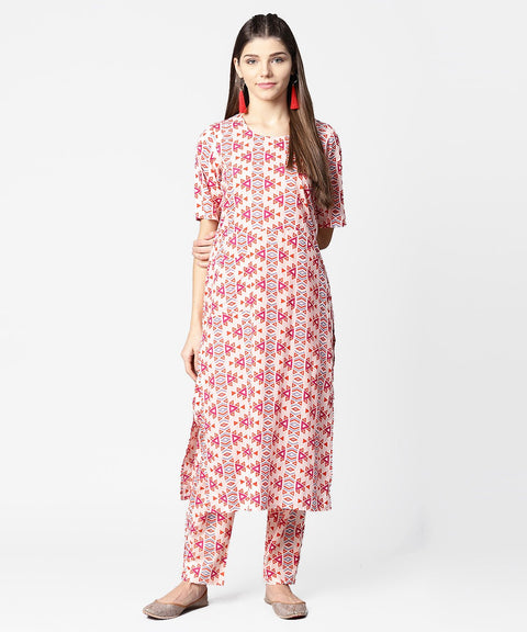 Peach printed half sleeve cotton kurta with ankle length printed pant