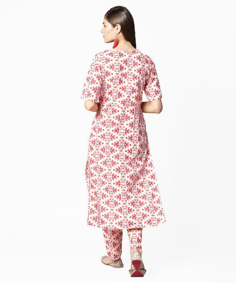 Peach printed half sleeve cotton kurta with ankle length printed pant