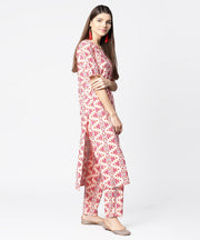 Peach printed half sleeve cotton kurta with ankle length printed pant
