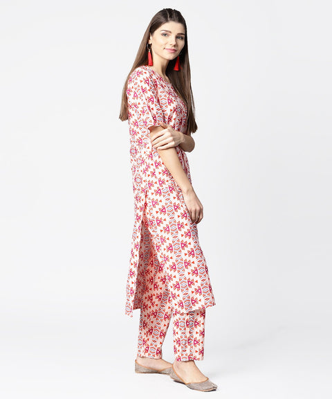 Peach printed half sleeve cotton kurta with ankle length printed pant