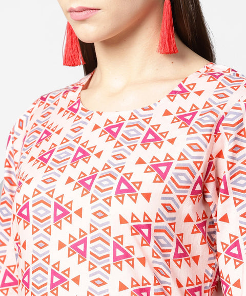 Peach printed half sleeve cotton kurta with ankle length printed pant