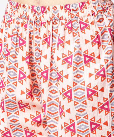 Peach printed half sleeve cotton kurta with ankle length printed pant