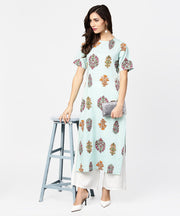 Light blue printed short sleeve cotton straight kurta