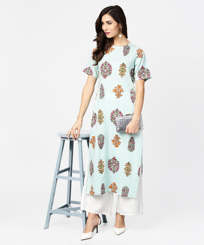 Light blue printed short sleeve cotton straight kurta