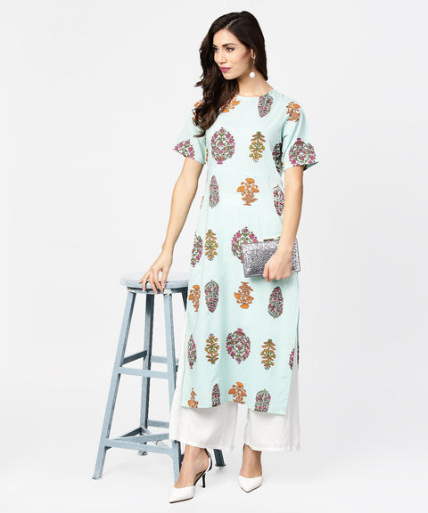 Light blue printed short sleeve cotton straight kurta