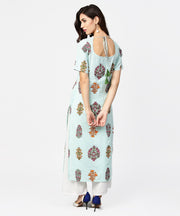 Light blue printed short sleeve cotton straight kurta