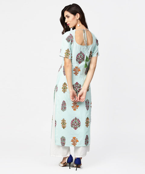Light blue printed short sleeve cotton straight kurta