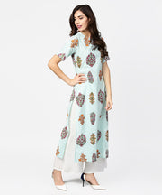 Light blue printed short sleeve cotton straight kurta