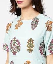 Light blue printed short sleeve cotton straight kurta