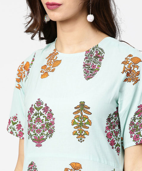 Light blue printed short sleeve cotton straight kurta