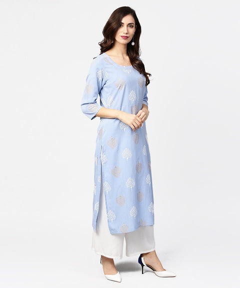 Grey printed  3/4th sleeve cotton straight kurta