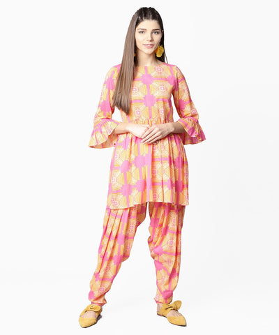 Yellow & Pink 3/4th sleeve cotton kurti with ankle length salwar