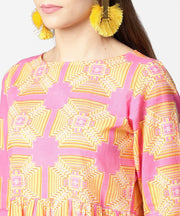 Yellow & Pink 3/4th sleeve cotton kurti with ankle length salwar