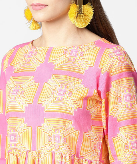 Yellow & Pink 3/4th sleeve cotton kurti with ankle length salwar