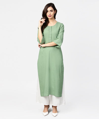 Dark green solid 3/4th sleeve cotton straight kurta