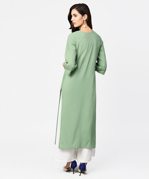 Dark green solid 3/4th sleeve cotton straight kurta