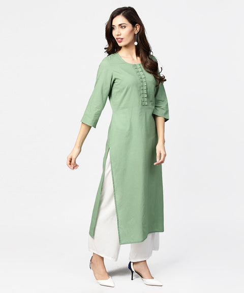 Dark green solid 3/4th sleeve cotton straight kurta