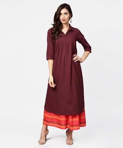Coffee half sleeve cotton A-line kurta