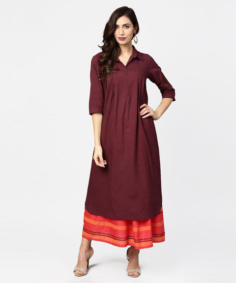 Coffee half sleeve cotton A-line kurta